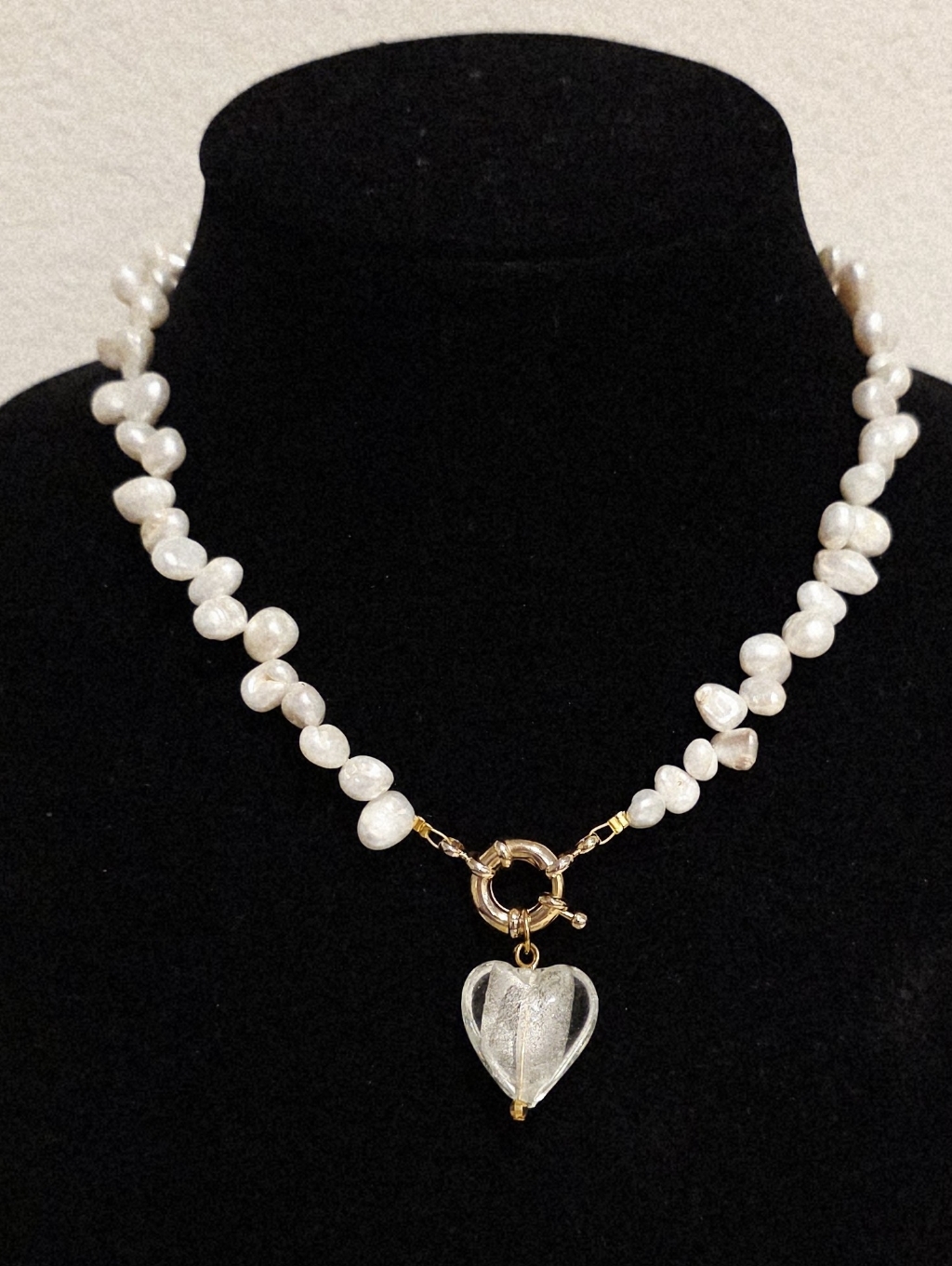 Eliou 18k Goldplated Pearl Necklace And A White Lamp Glass Heart Pendent New